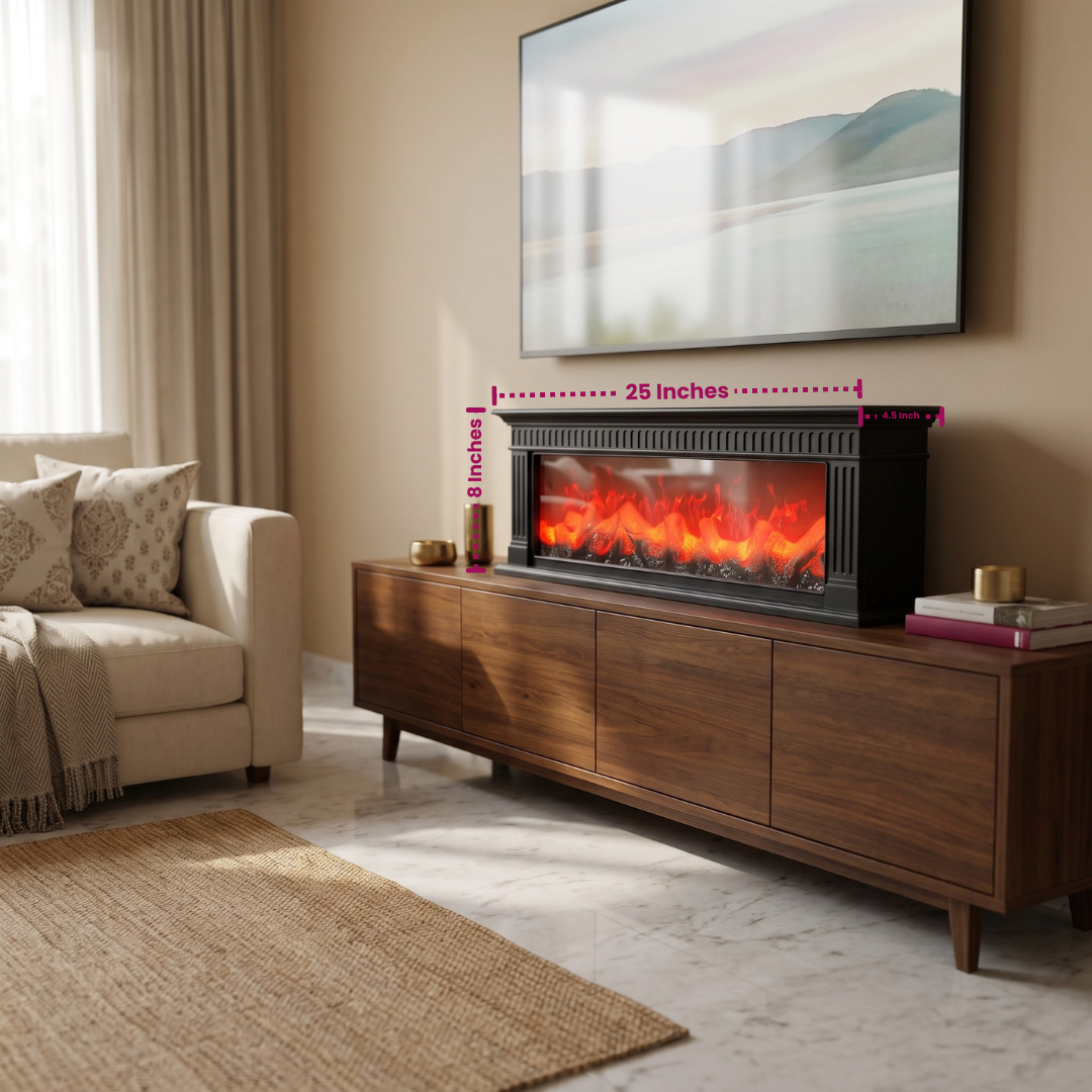 Ornate decorative electric fireplace dimensions: 25 x 4.5 x 8 inches