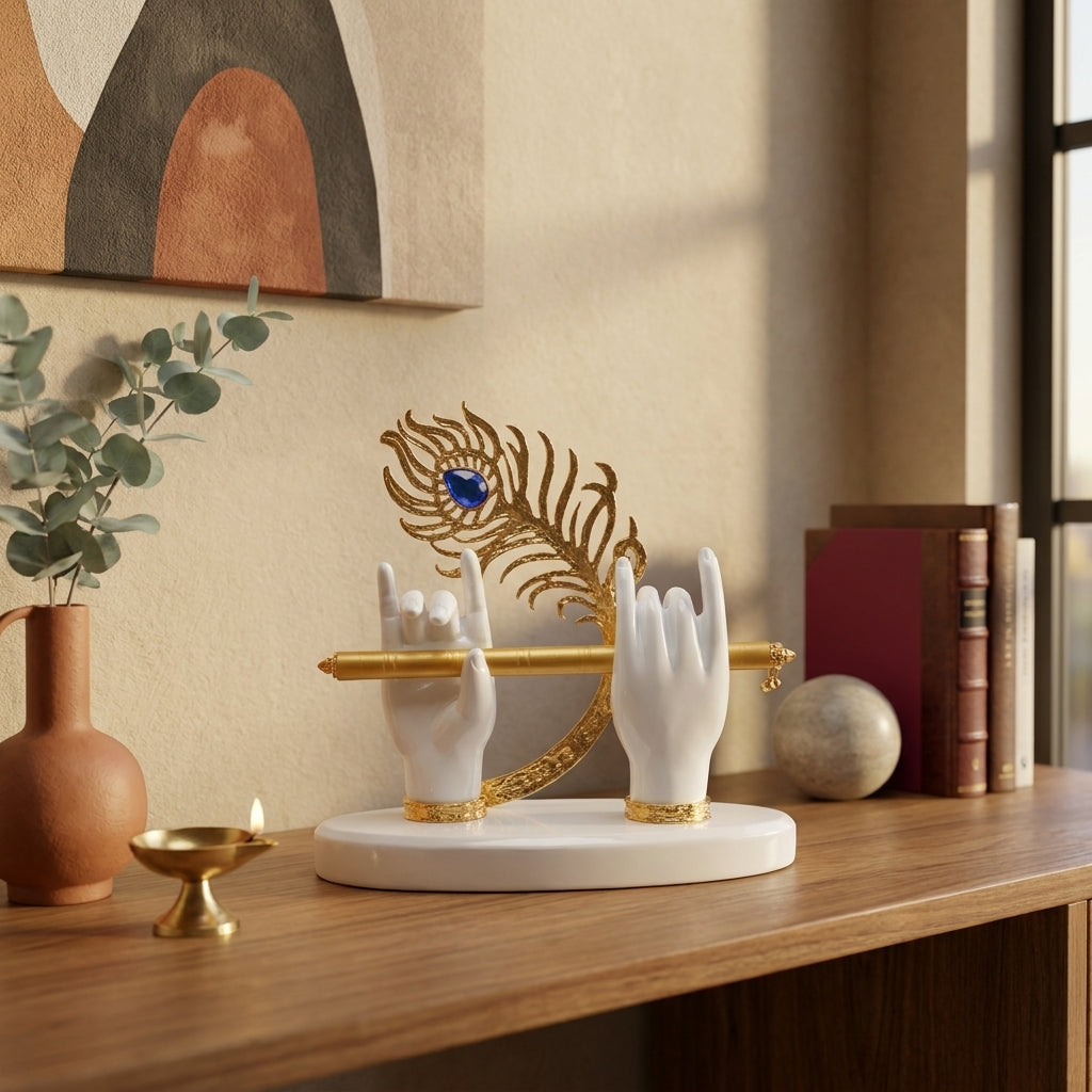 Luxury Krishna Flute Showpiece with Divine Hands & Peacock Feather | Premium Office Table Decor | Modern Home Decor | Corporate Gift