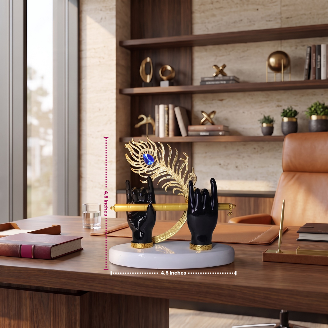 Luxury Krishna Flute Showpiece with Divine Hands & Peacock Feather | Premium Office Table Decor | Modern Home Decor | Corporate Gift