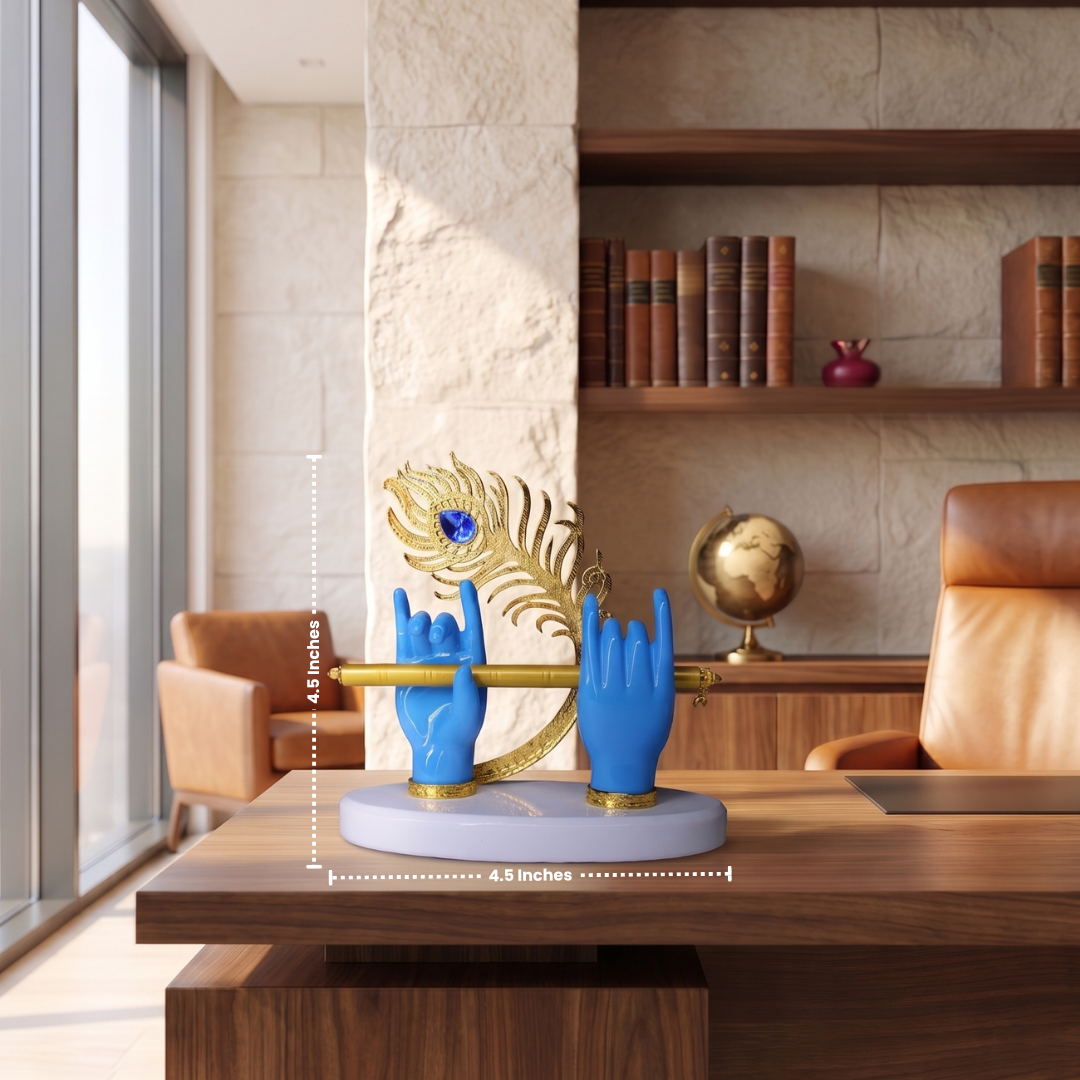 Luxury Krishna Flute Showpiece with Divine Hands & Peacock Feather | Premium Office Table Decor | Modern Home Decor | Corporate Gift