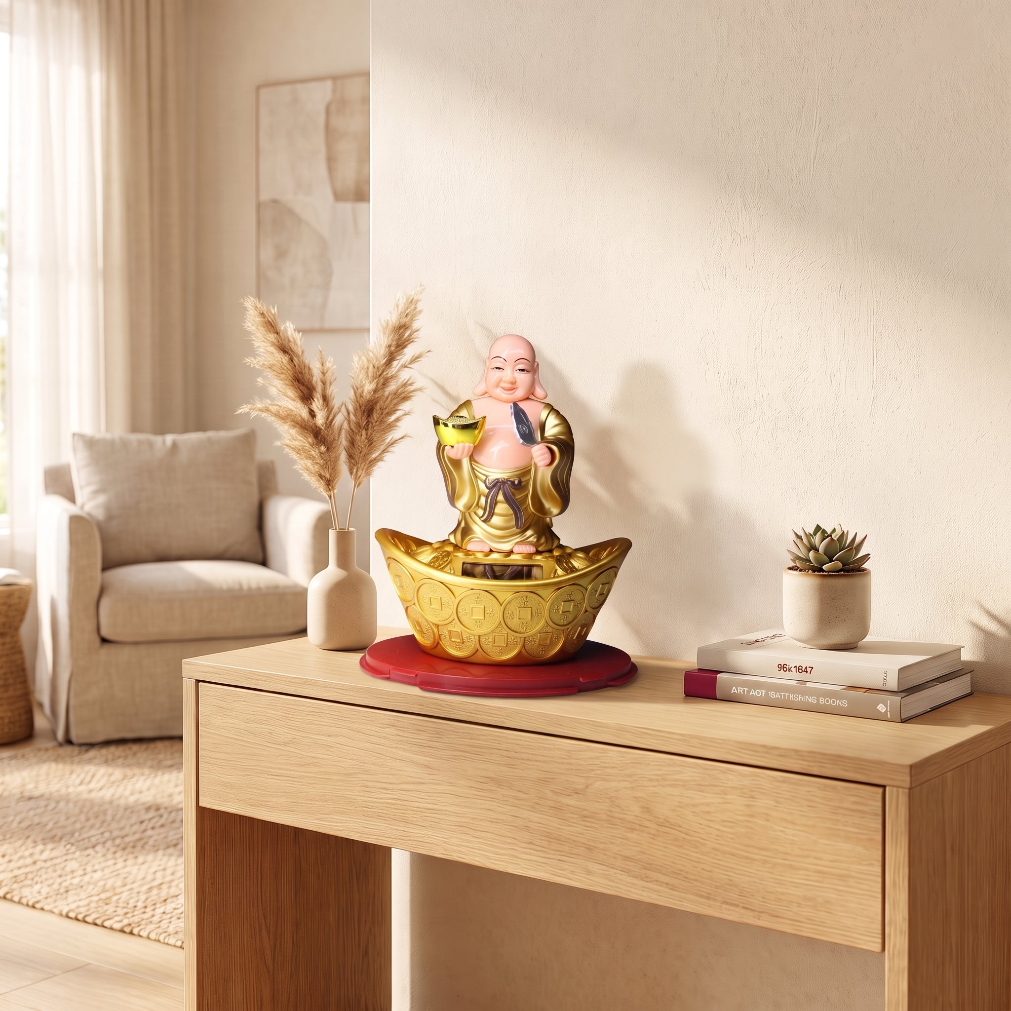 Solar Moving Laughing Buddha on Golden Wealth Boat | Lucky Feng Shui Decor for Home, Office & Car Dashboard