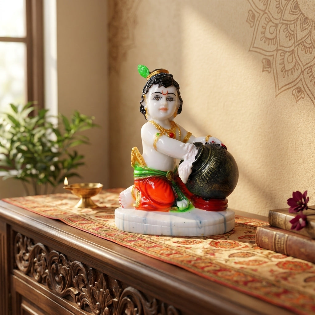 Bal Krishna Makhan Chor Statue | Marble-Finish Krishna Stealing Butter Idol | Set of 1