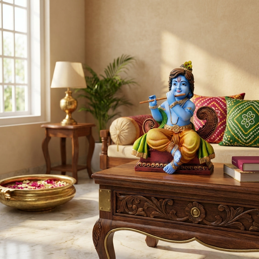 Blue Krishna on Royal Throne Statue | Flute-Playing Krishna Idol for Pooja Mandir | Set of 1