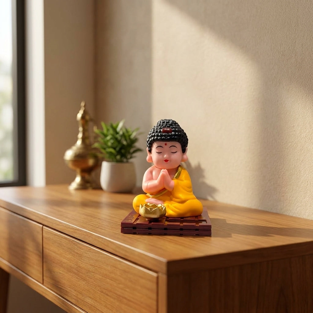 Solar Praying Monk Statue | Nodding Buddhist Monk Bobblehead for Car Dashboard, Home & Office Decor | Set of 1