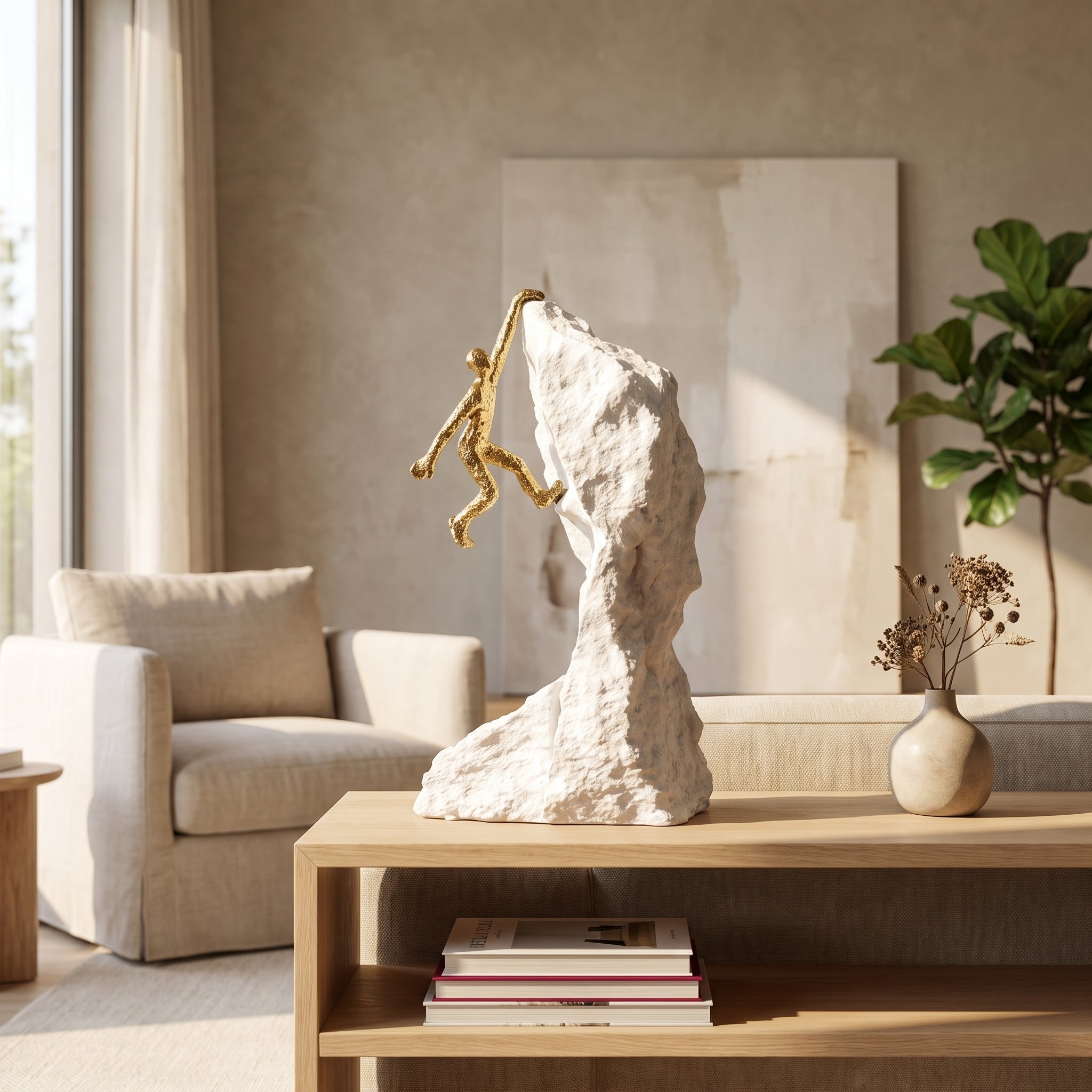 Golden Mountain Climber Figure Sculpture climbing a white textured rock on a wooden console table
