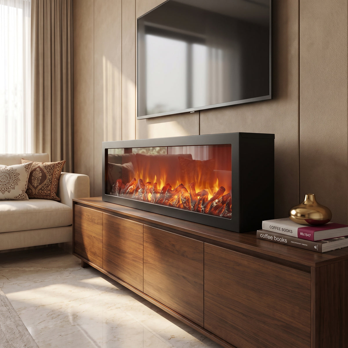 Antique Black Contemporary Wide linear decorative electric fireplace mounted under a TV