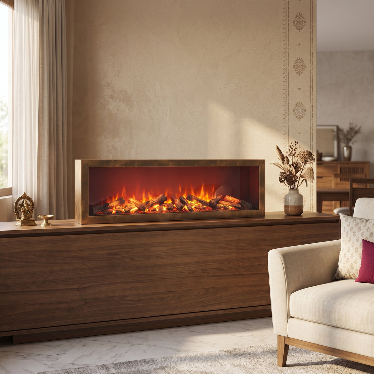 Antique Copper Contemporary Wide linear decorative electric fireplace on a media console