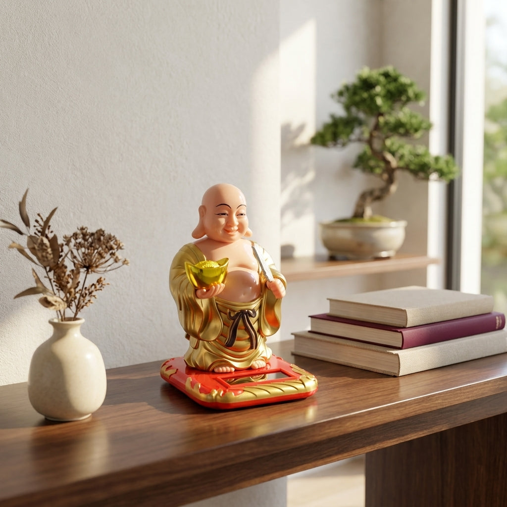 Lucky Solar Laughing Buddha Statue | Auto Moving Head Wealth Idol for Home, Office & Car Dashboard | Feng Shui Gift