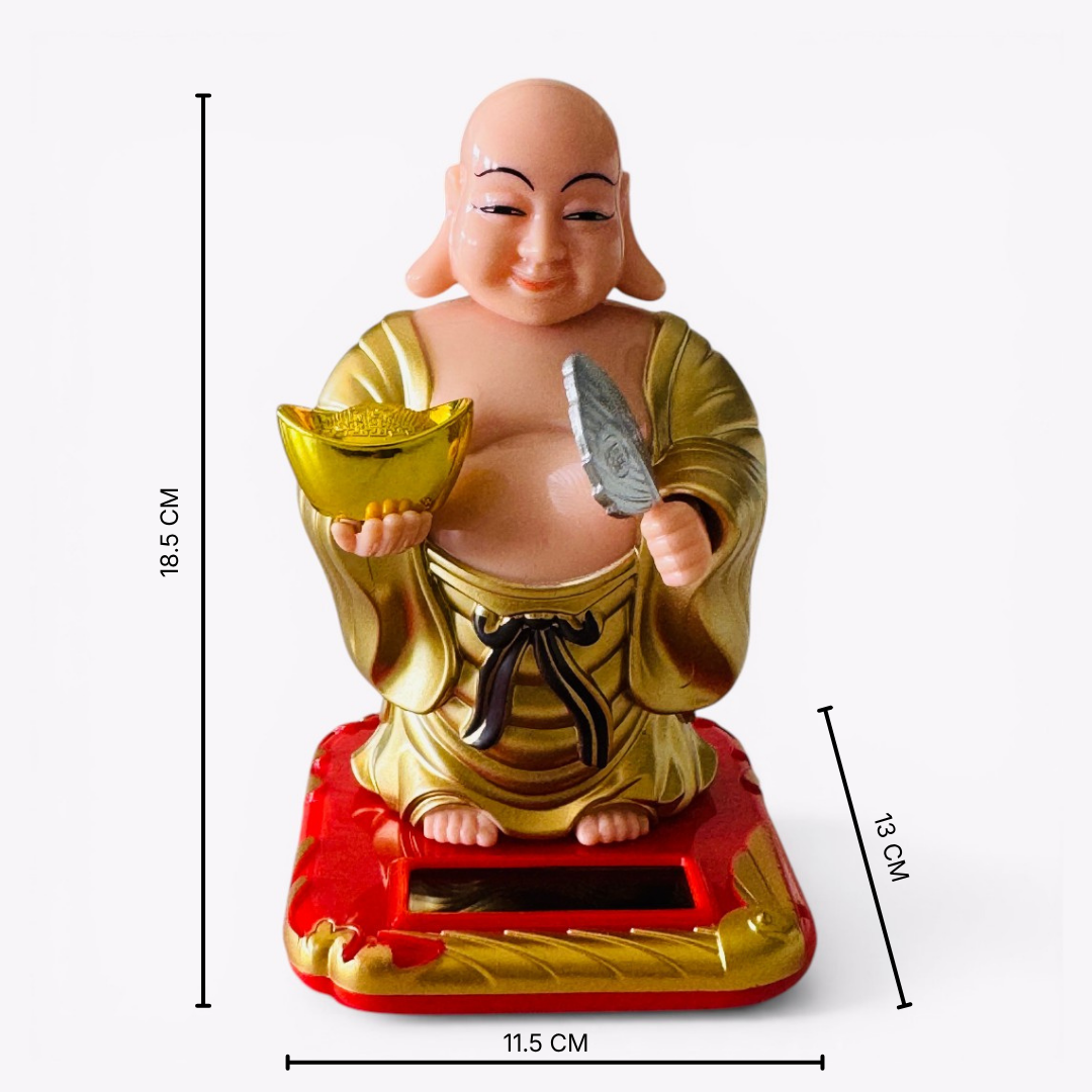 Lucky Solar Laughing Buddha Statue | Auto Moving Head Wealth Idol for Home, Office & Car Dashboard | Feng Shui Gift