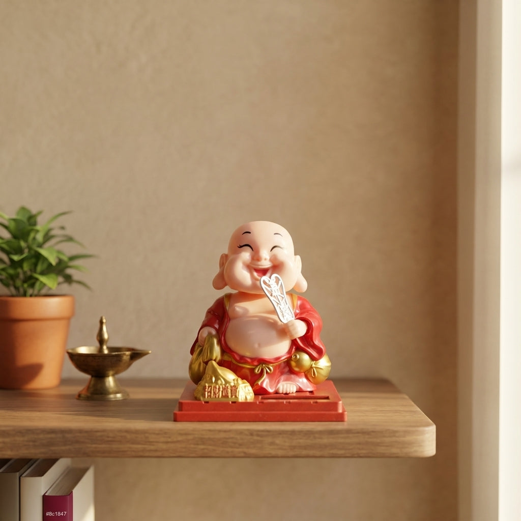Solar Laughing Buddha Statue holding a ruyi scepter with gold ingots on a wooden shelf