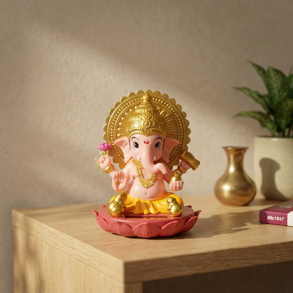 Solar Lotus Ganesha Idol with golden crown and moving hands on a wooden console table