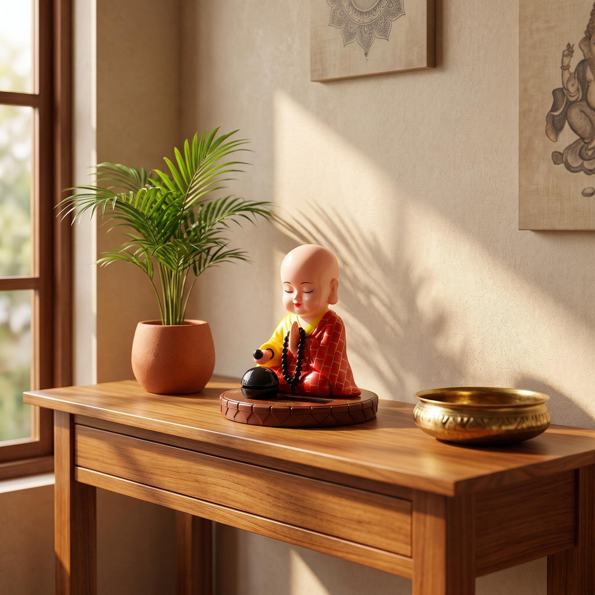 Solar Praying Monk Statue on a console table in an entryway