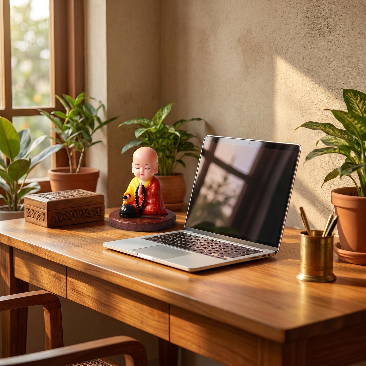 Solar Praying Monk Statue on a wooden office desk beside a laptop