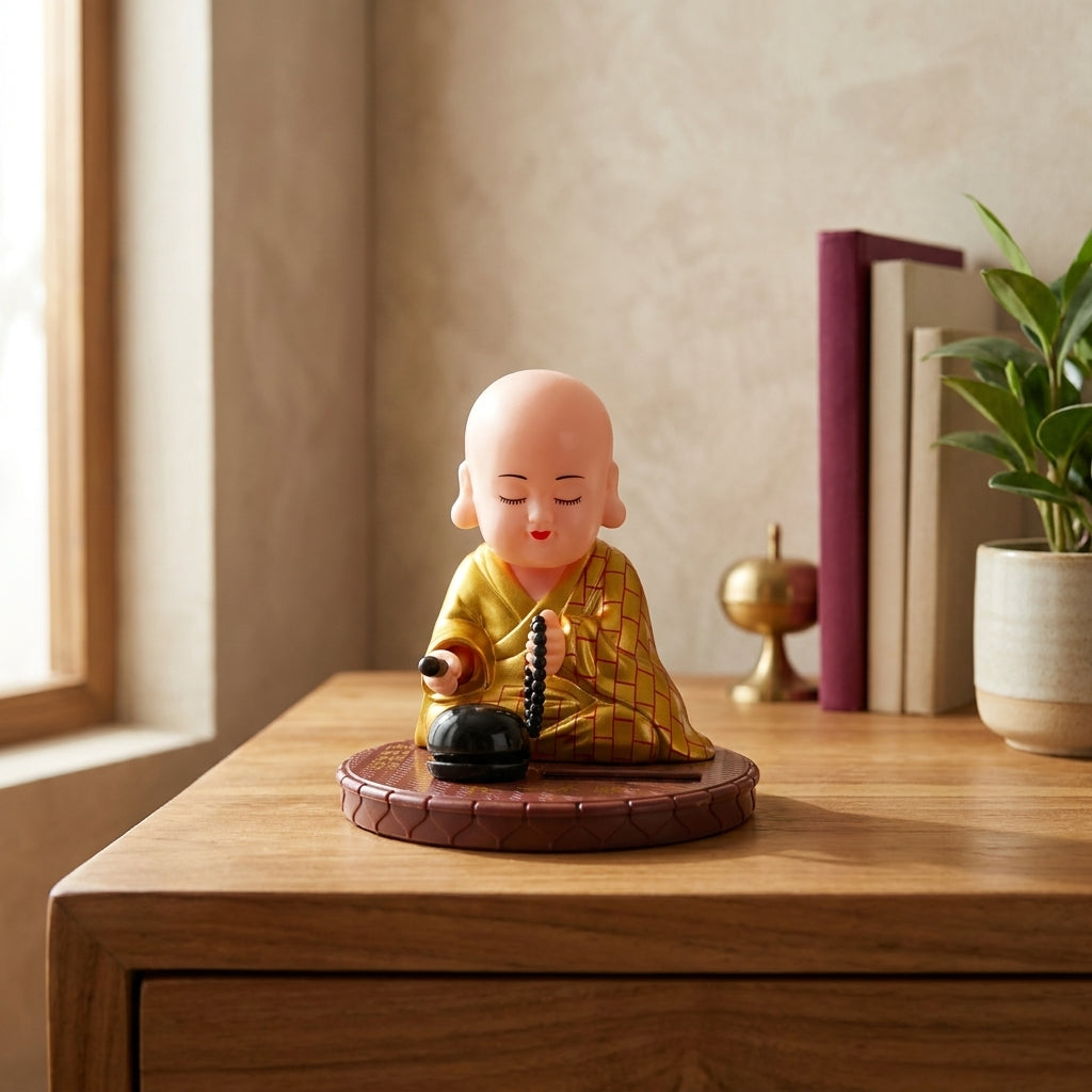 Solar Praying Monk Statue | Nodding Buddhist Monk Bobblehead for Car Dashboard, Home & Office Decor | Set of 1