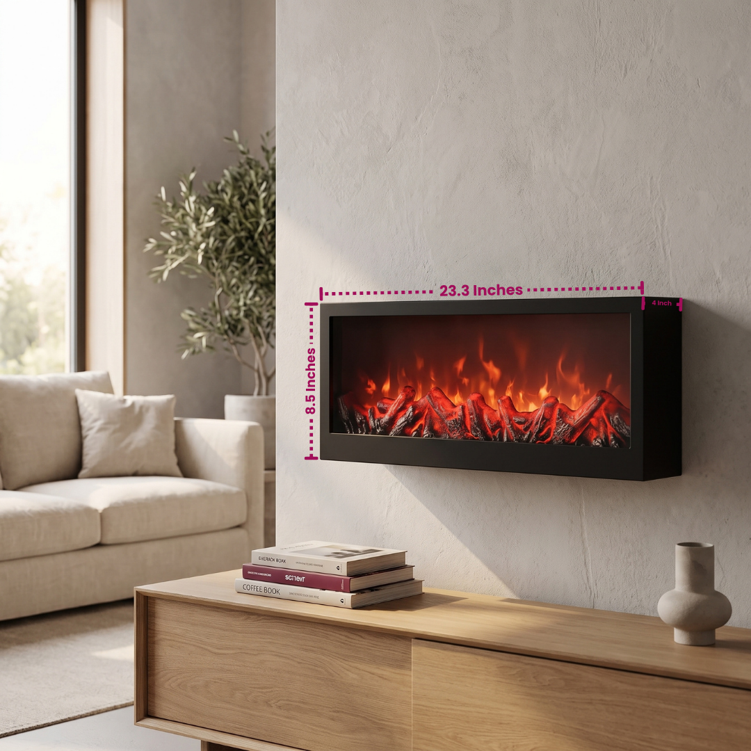 Contemporary decorative electric fireplace dimensions: 23.3 x 4 x 8.5 inches