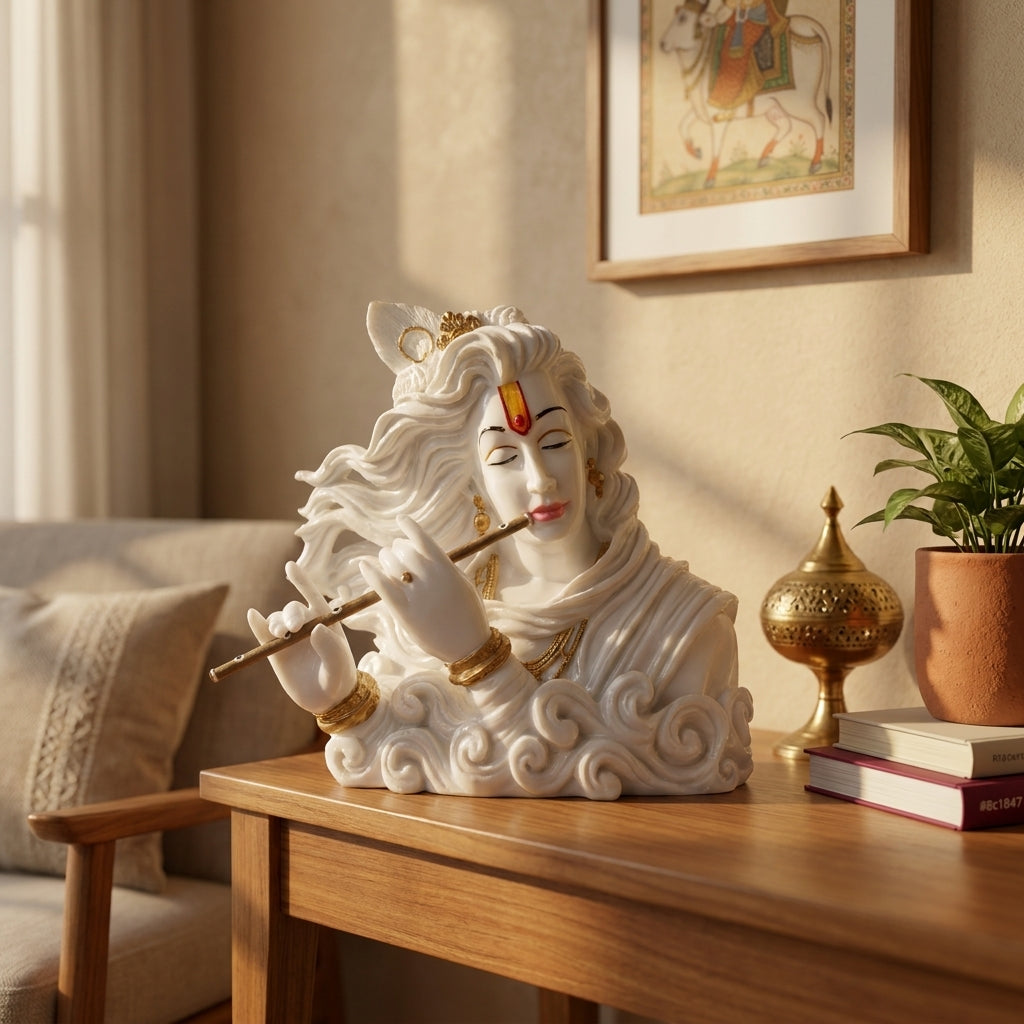 White Marble Krishna Bust Statue | Flute-Playing Krishna Sculpture for Home Décor | Set of 1