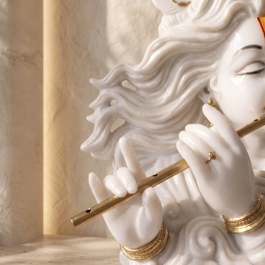 White Marble Krishna Bust Statue close-up detail