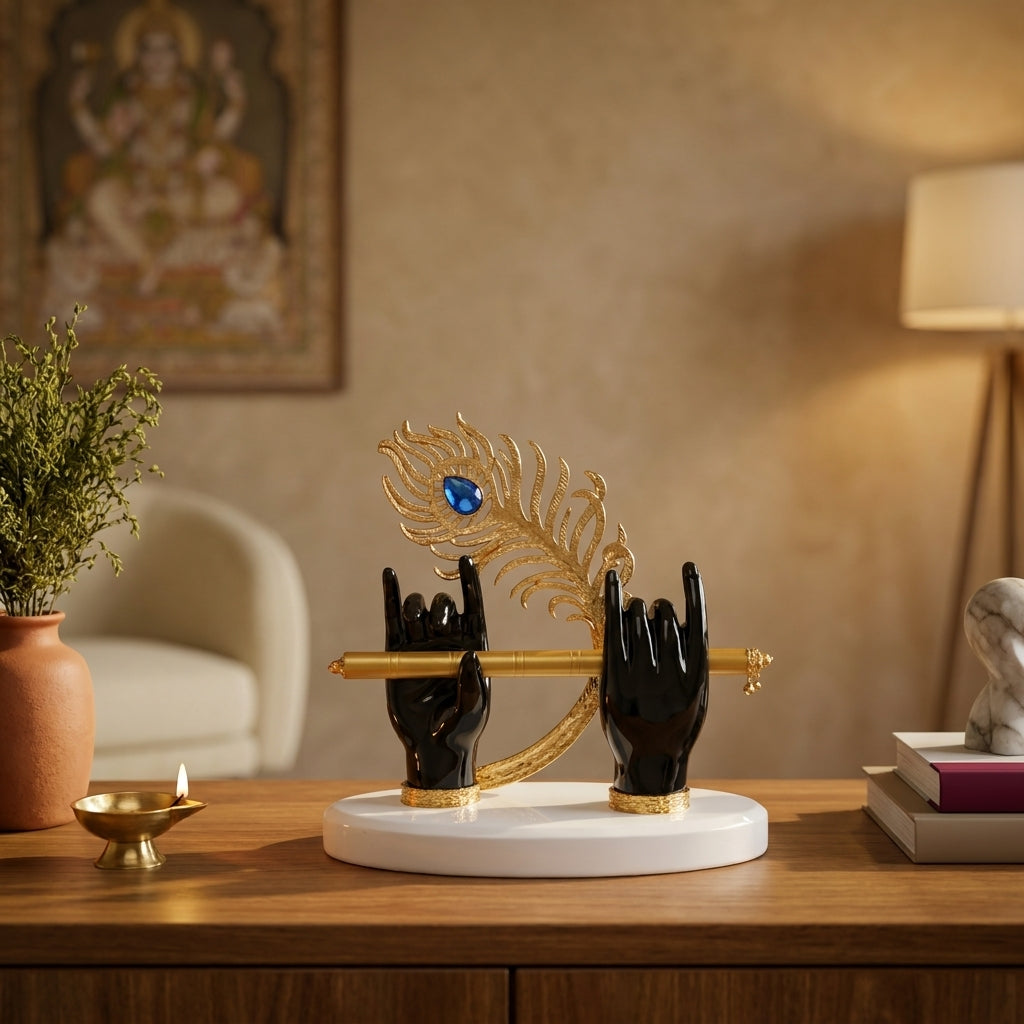 Luxury Krishna Flute Showpiece with Divine Hands & Peacock Feather | Premium Office Table Decor | Modern Home Decor | Corporate Gift
