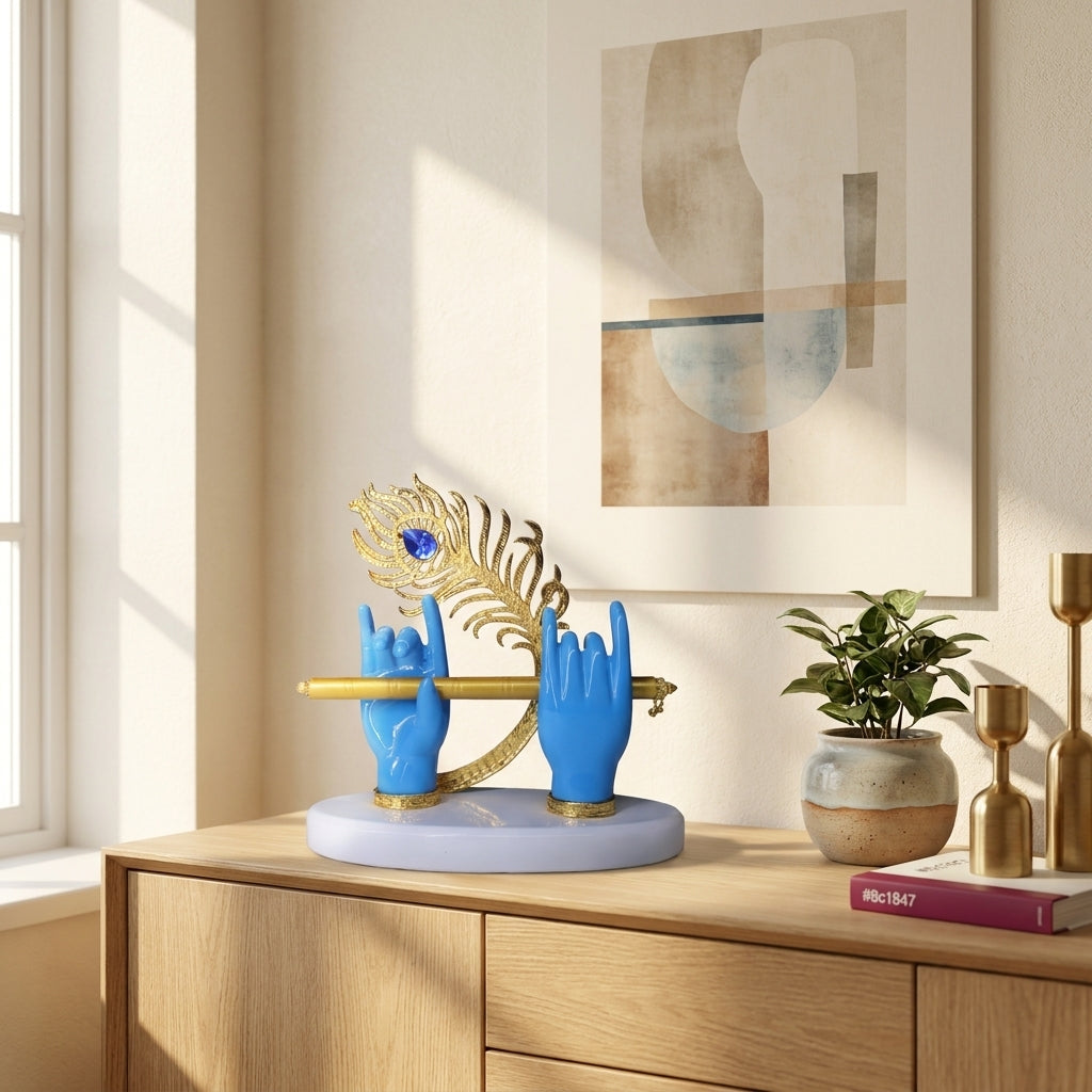 Luxury Krishna Flute Showpiece with Divine Hands & Peacock Feather | Premium Office Table Decor | Modern Home Decor | Corporate Gift