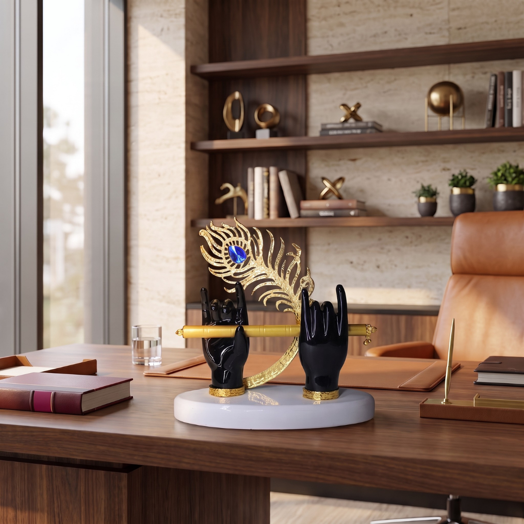 Luxury Krishna Flute Showpiece with Divine Hands & Peacock Feather | Premium Office Table Decor | Modern Home Decor | Corporate Gift