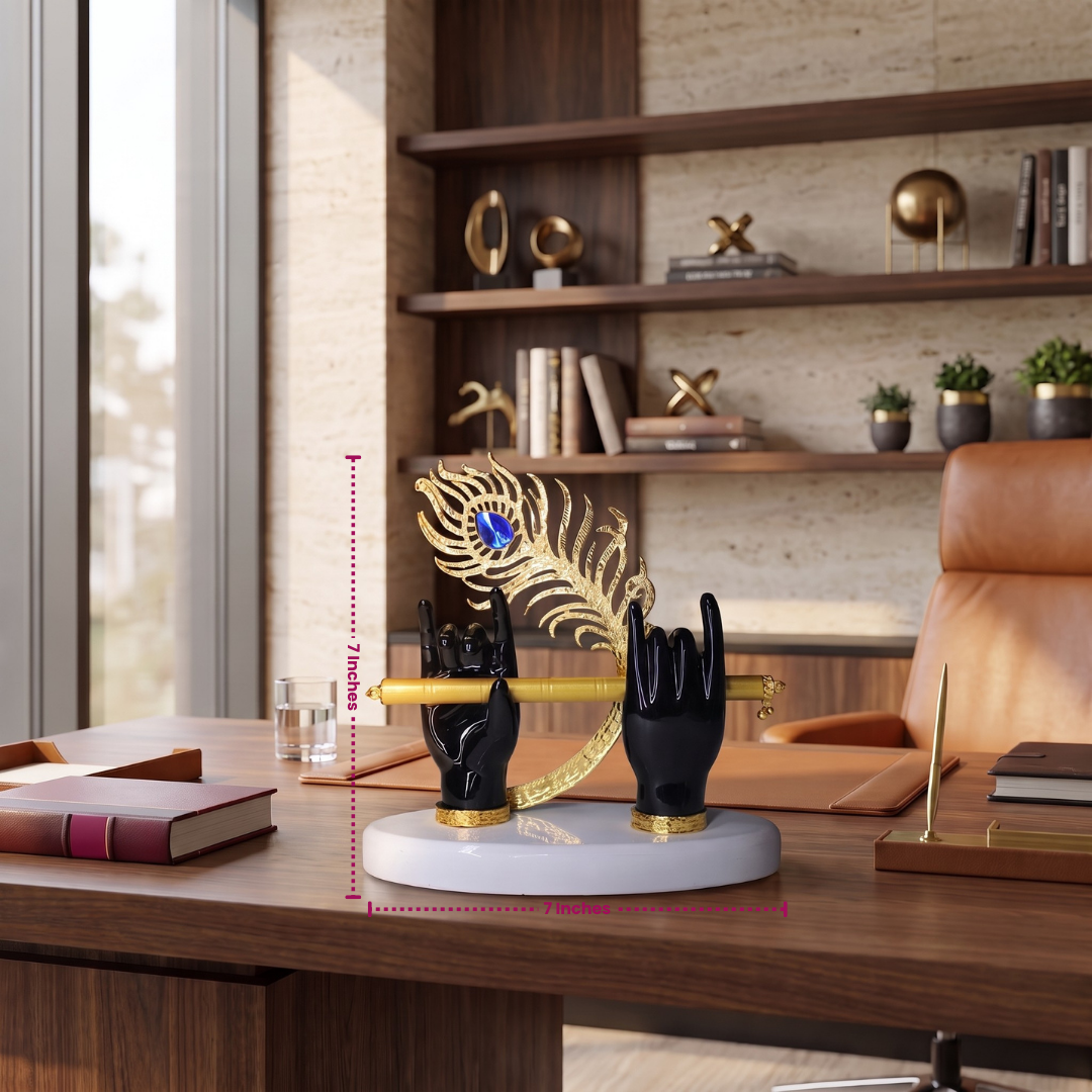 Luxury Krishna Flute Showpiece with Divine Hands & Peacock Feather | Premium Office Table Decor | Modern Home Decor | Corporate Gift