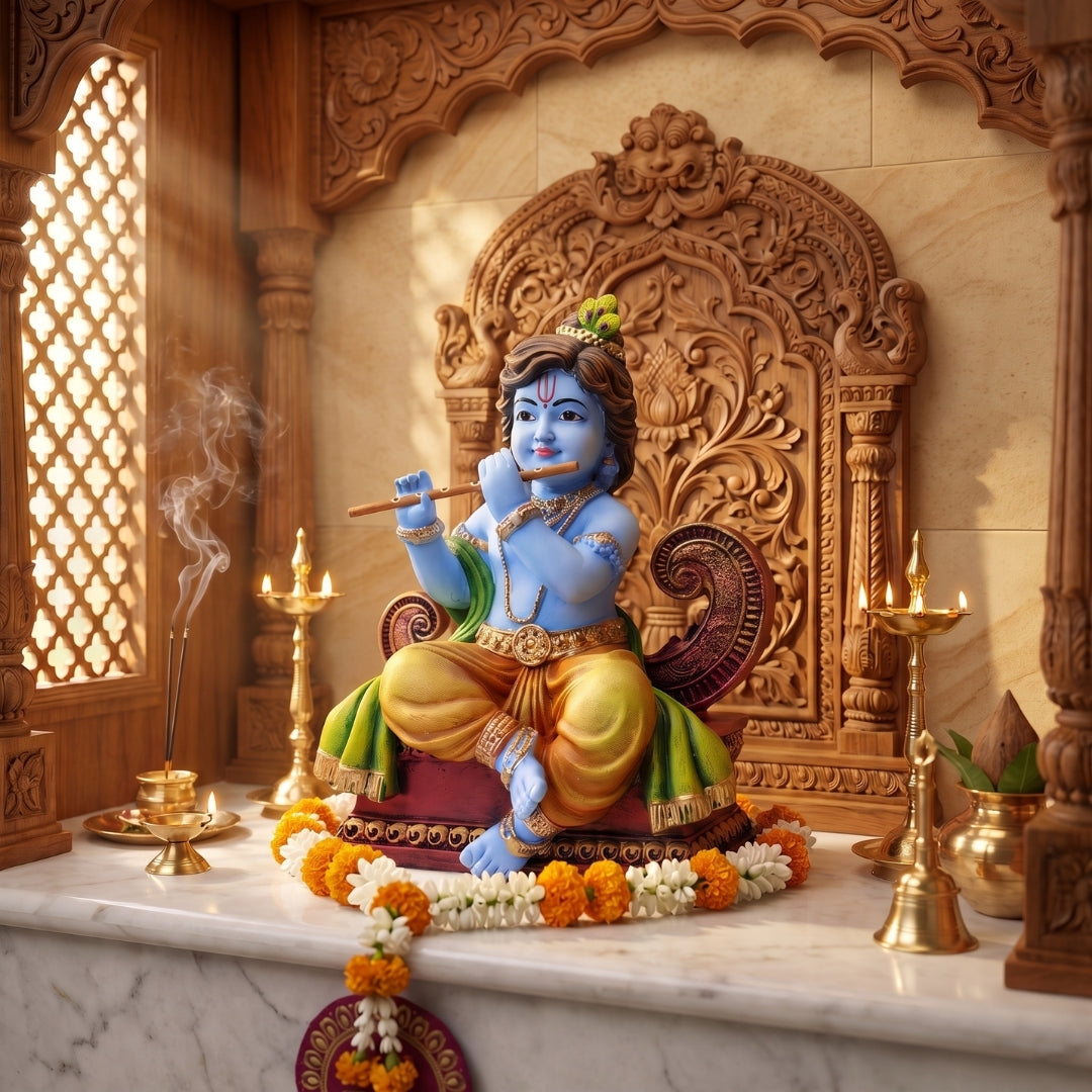 Blue Krishna on Royal Throne statue playing flute