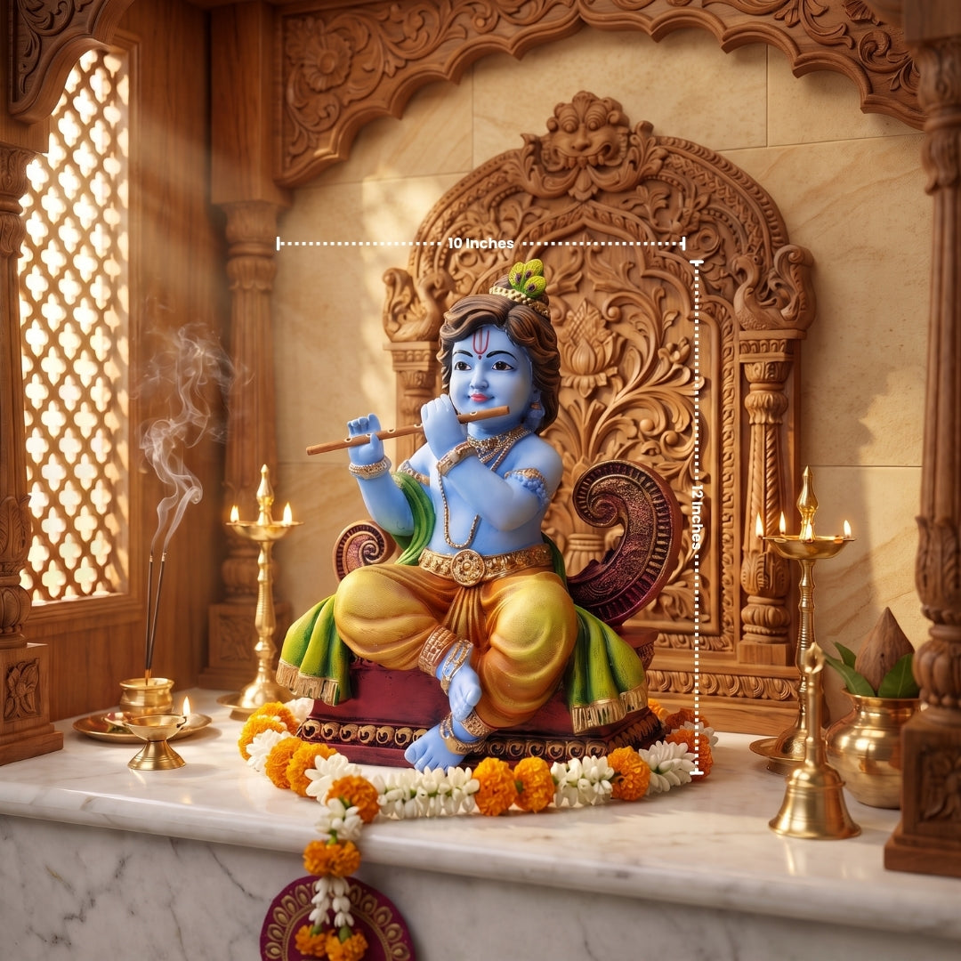 Blue Krishna on Royal Throne statue dimensions - 12 inch height