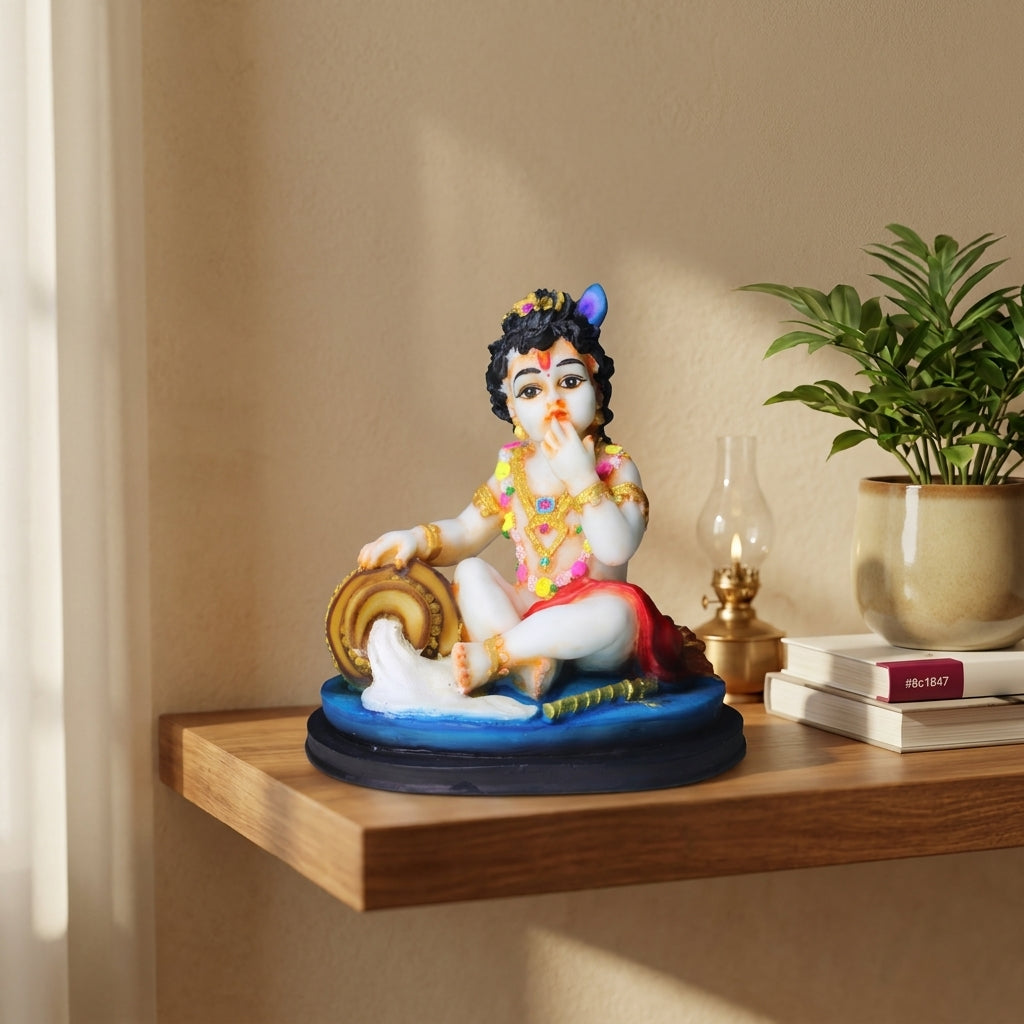 Laddu Gopal Eating Makhan Statue | Marble-Finish Baby Krishna Idol | Set of 1