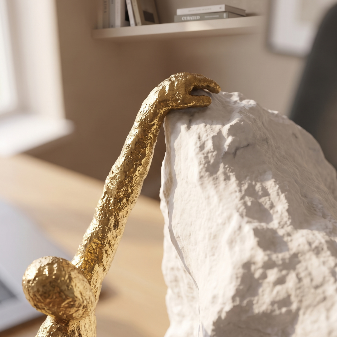 Close-up of the gold-tone climber hand and textured white rock finish