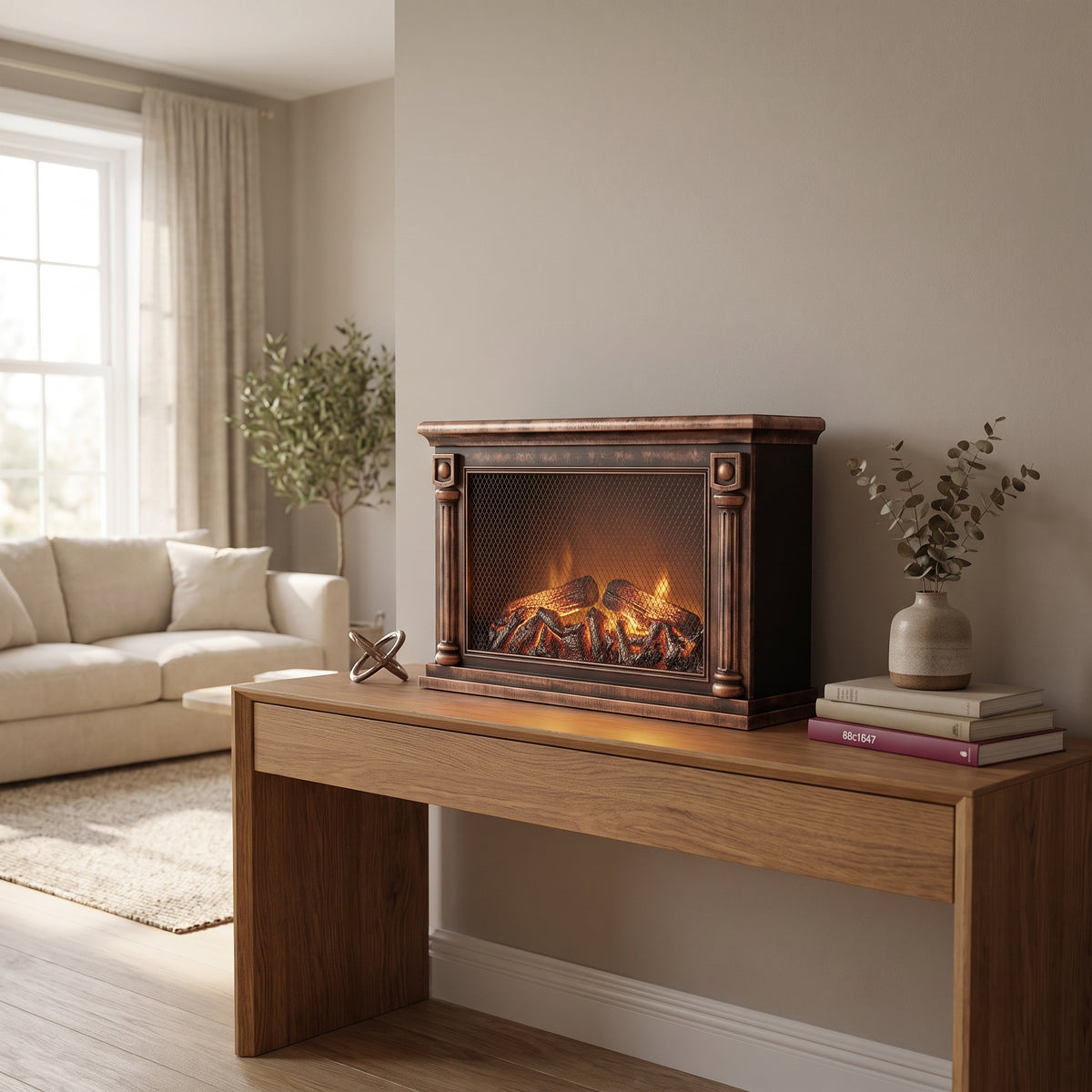 Antique Copper Victorian decorative electric fireplace with mesh-screen front and fluted columns