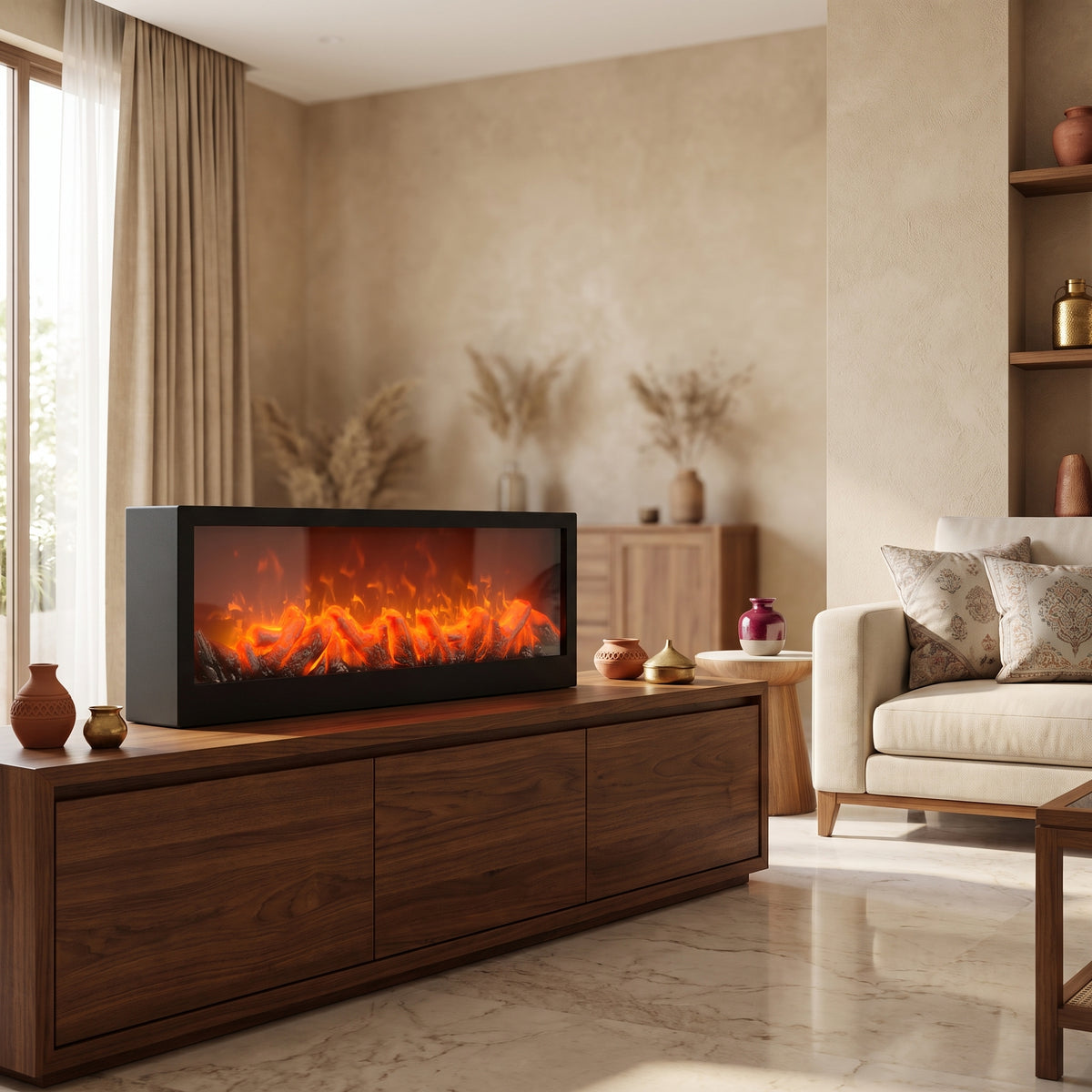 Contemporary linear decorative electric fireplace with LED flame effect
