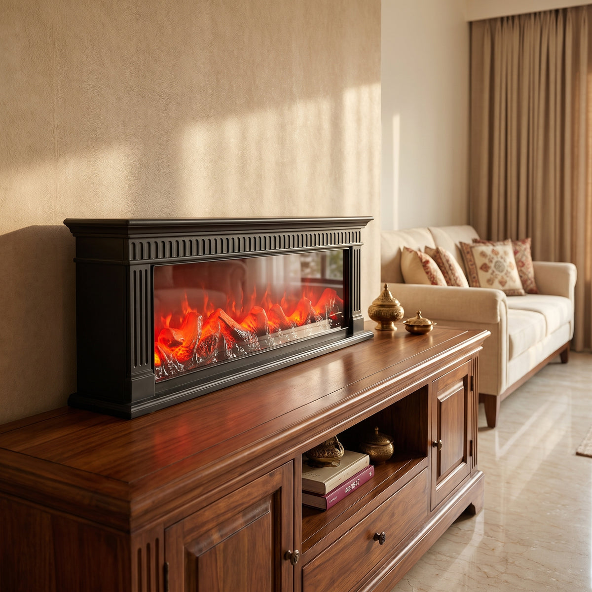 Ornate black decorative electric fireplace with fluted mantel and LED flame effect