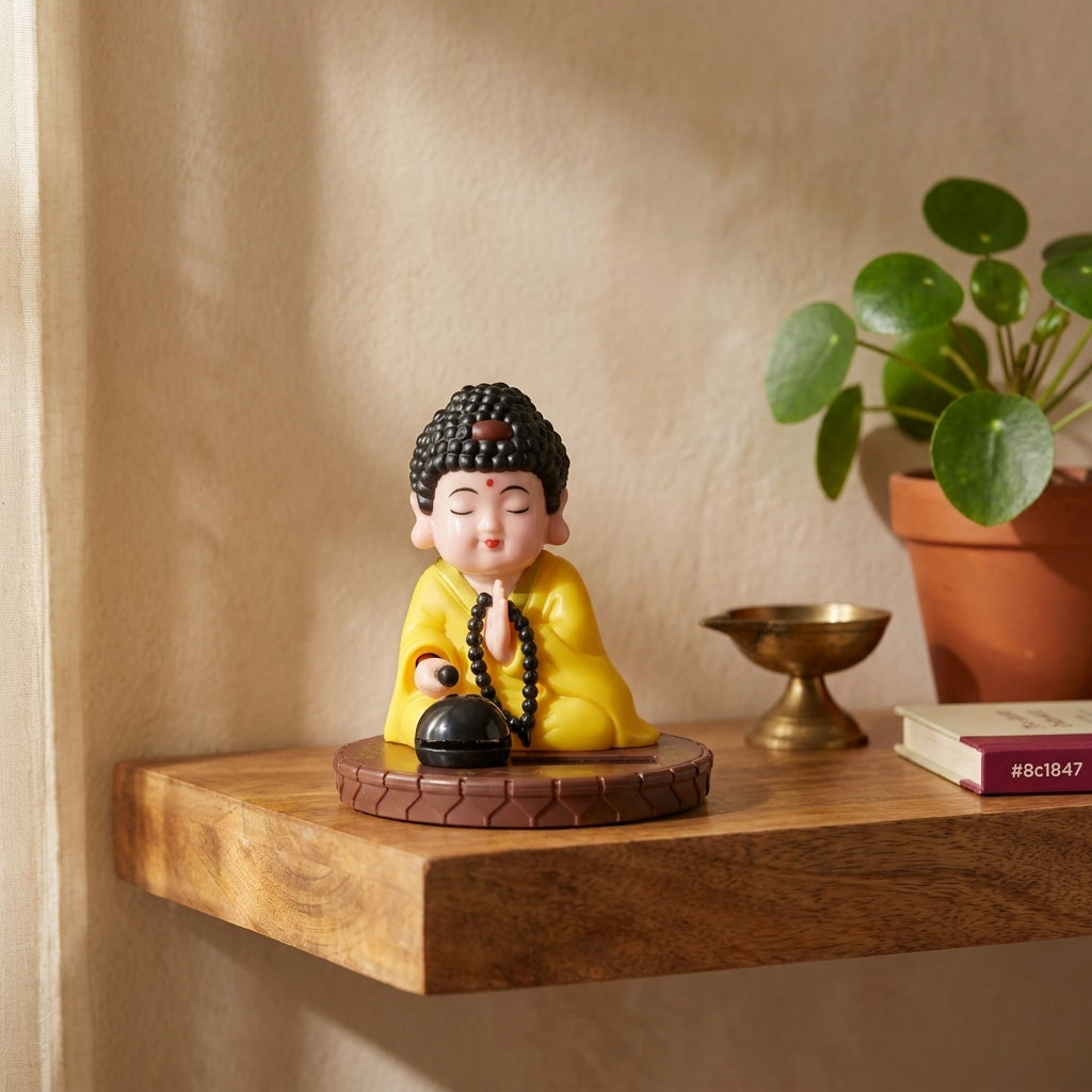 Solar Curly-Hair Buddha Monk Statue in yellow robe