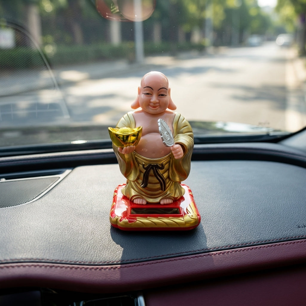 Lucky Solar Laughing Buddha Statue | Auto Moving Head Wealth Idol for Home, Office & Car Dashboard | Feng Shui Gift