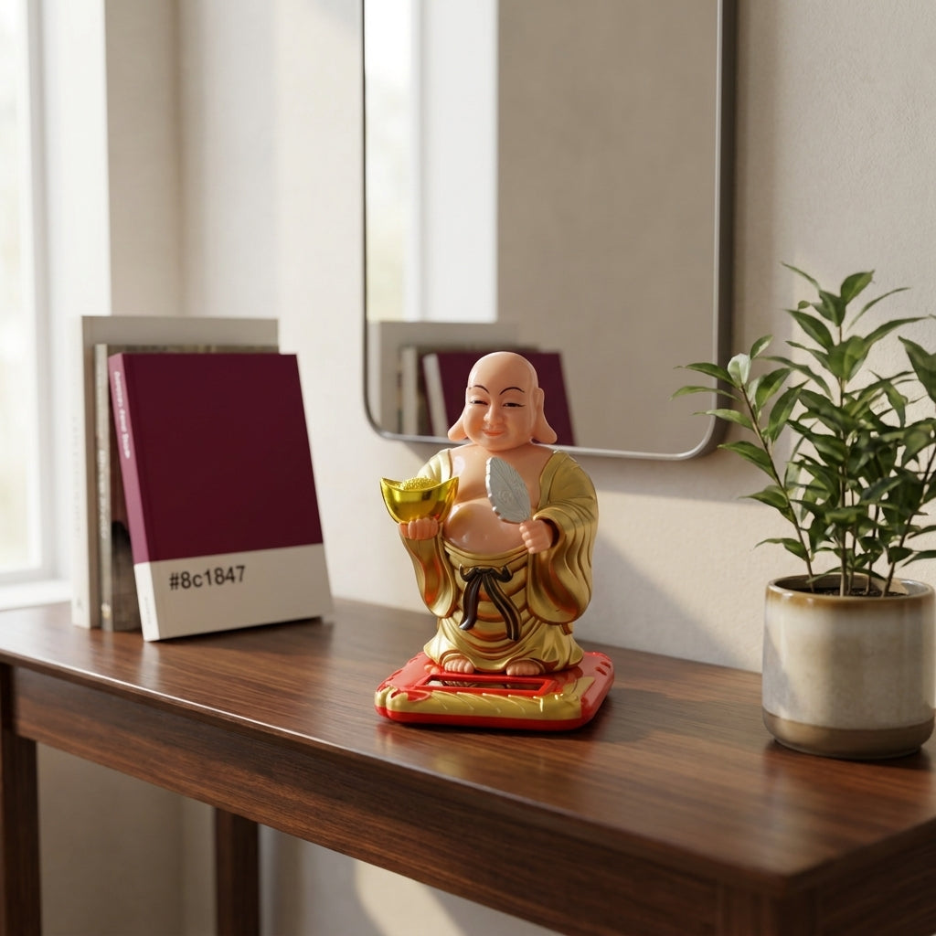 Lucky Solar Laughing Buddha Statue | Auto Moving Head Wealth Idol for Home, Office & Car Dashboard | Feng Shui Gift