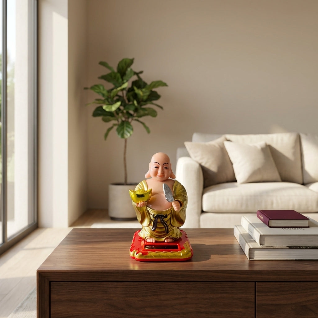 Lucky Solar Laughing Buddha Statue | Auto Moving Head Wealth Idol for Home, Office & Car Dashboard | Feng Shui Gift