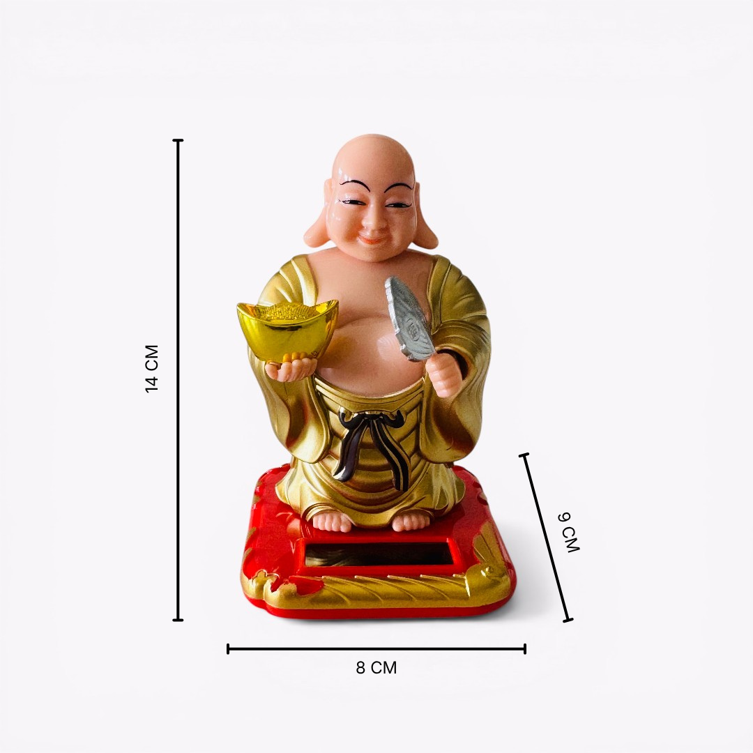 Lucky Solar Laughing Buddha Statue | Auto Moving Head Wealth Idol for Home, Office & Car Dashboard | Feng Shui Gift
