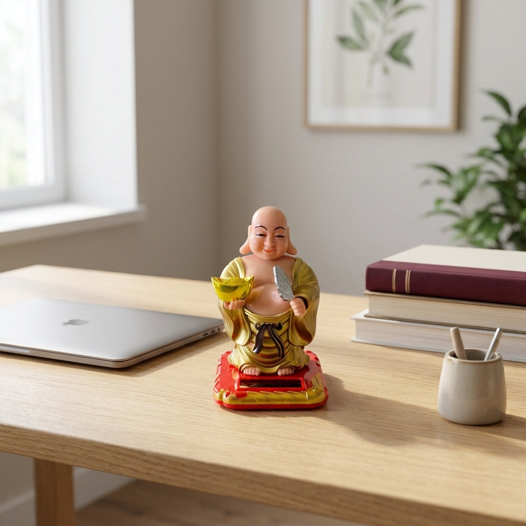 Lucky Solar Laughing Buddha Statue | Auto Moving Head Wealth Idol for Home, Office & Car Dashboard | Feng Shui Gift