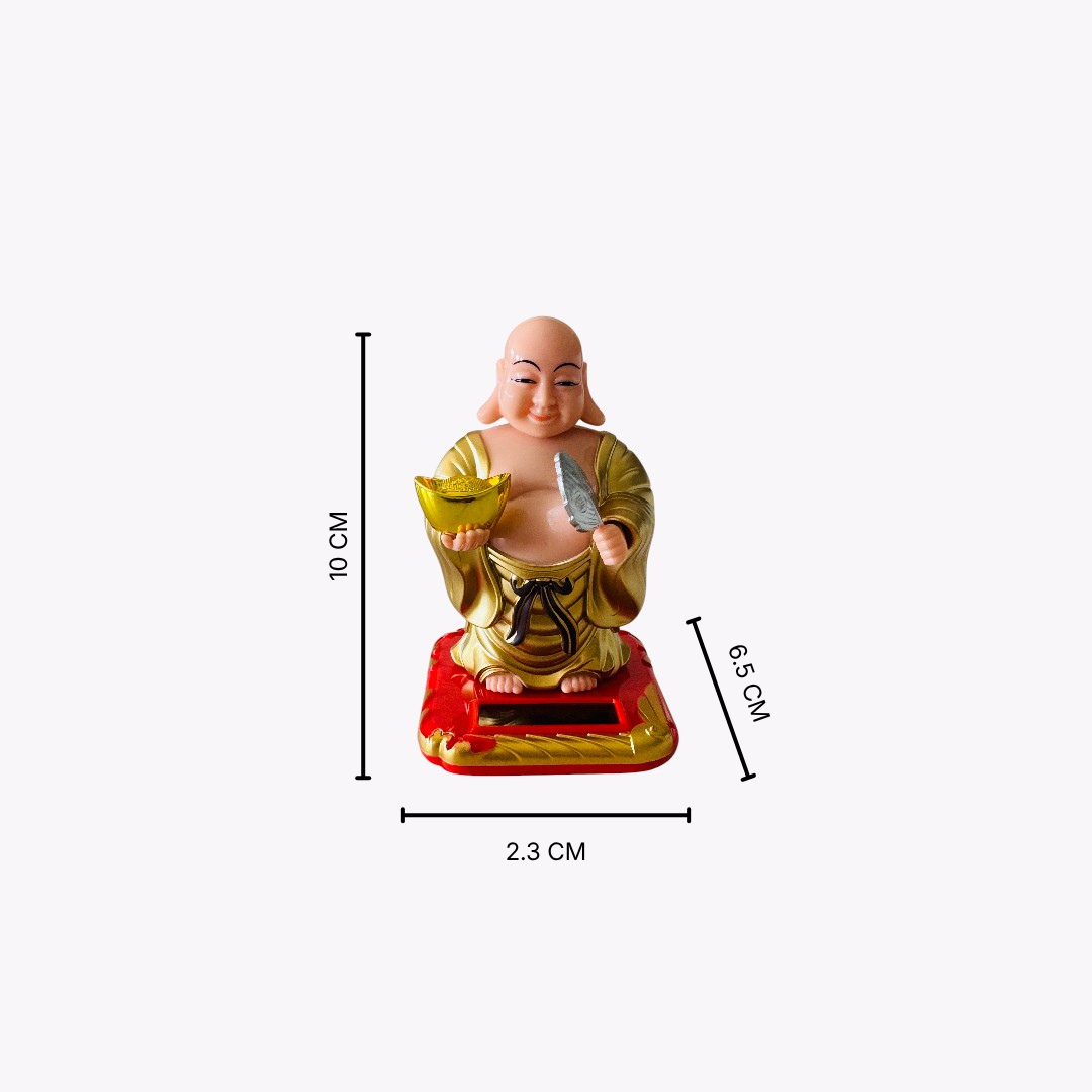 Lucky Solar Laughing Buddha Statue | Auto Moving Head Wealth Idol for Home, Office & Car Dashboard | Feng Shui Gift