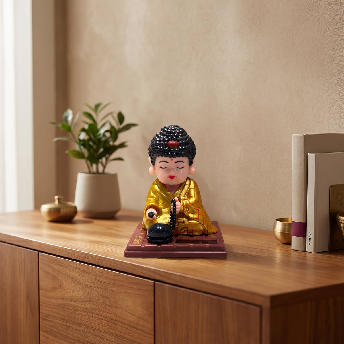 Solar Praying Monk Statue | Nodding Buddhist Monk Bobblehead for Car Dashboard, Home & Office Decor | Set of 1